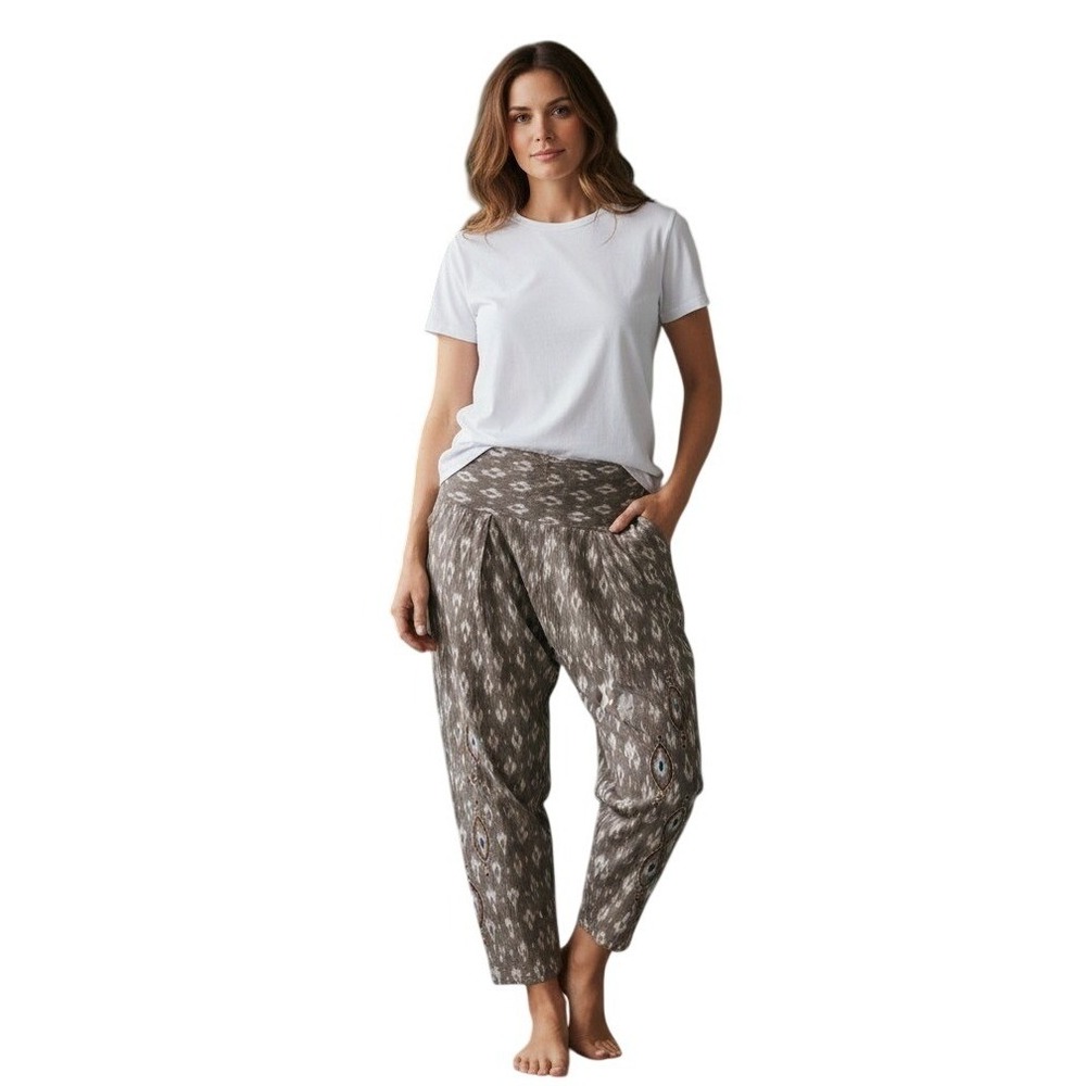 Market Place Harem Pants PS-M Brown Ikat Embroidered Boho Relaxed Fit Earthy Y2K